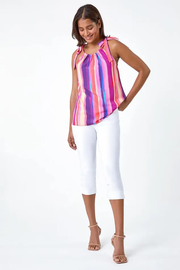 Women Purple Stripe Print Halterneck Tie Detail Top Roman Tops
