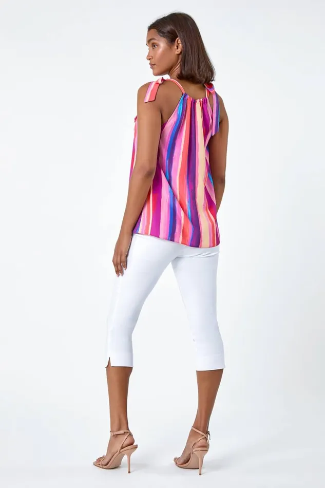 Women Purple Stripe Print Halterneck Tie Detail Top Roman Tops