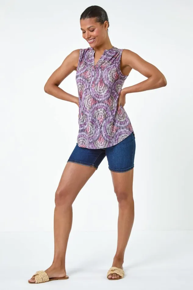 Women Purple Swirl Print Button Sleeveless Top Roman Tops