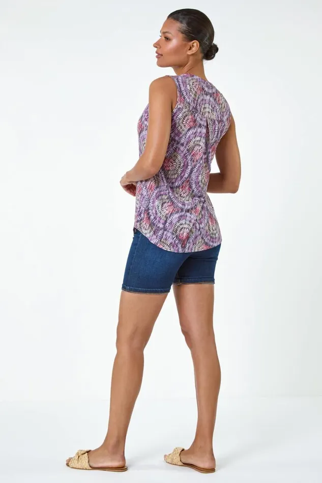 Women Purple Swirl Print Button Sleeveless Top Roman Tops