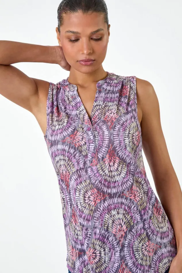 Women Purple Swirl Print Button Sleeveless Top Roman Tops