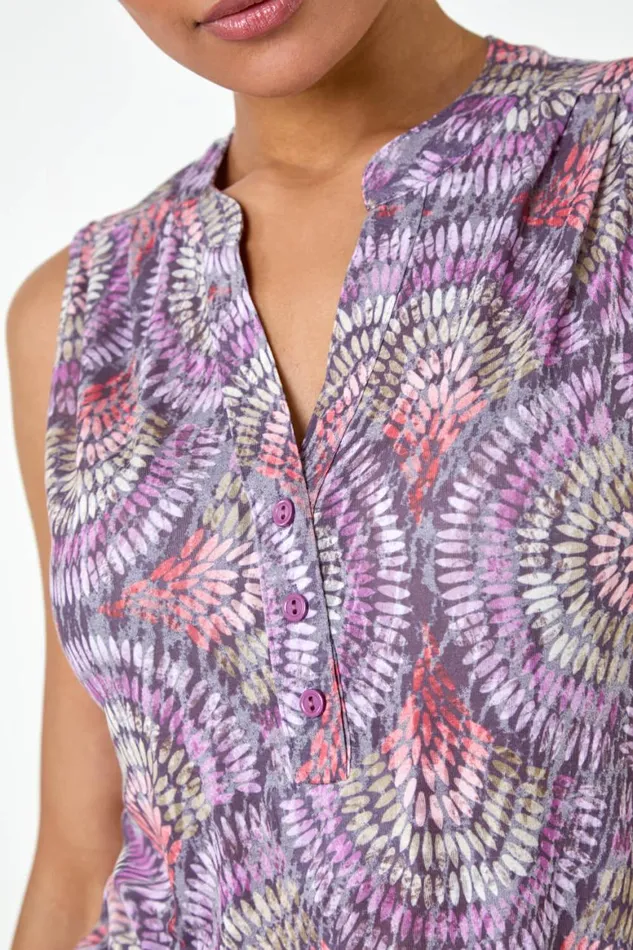 Women Purple Swirl Print Button Sleeveless Top Roman Tops