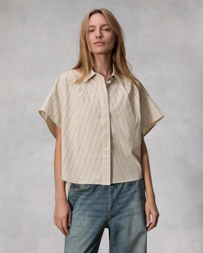 Women Rag and Bone Tops Martha Striped Cotton Poplin Shirt Khaki Stripe