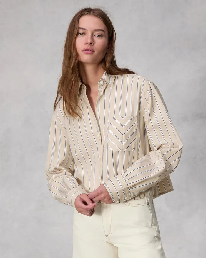 Women Rag and Bone Tops Maxine Cropped Cotton Poplin Shirt Khaki Multi