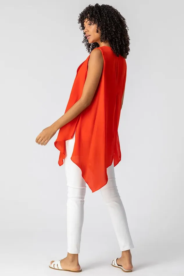 Women Red Asymmetric Hanky Hem Chiffon Tunic Top Roman Tops
