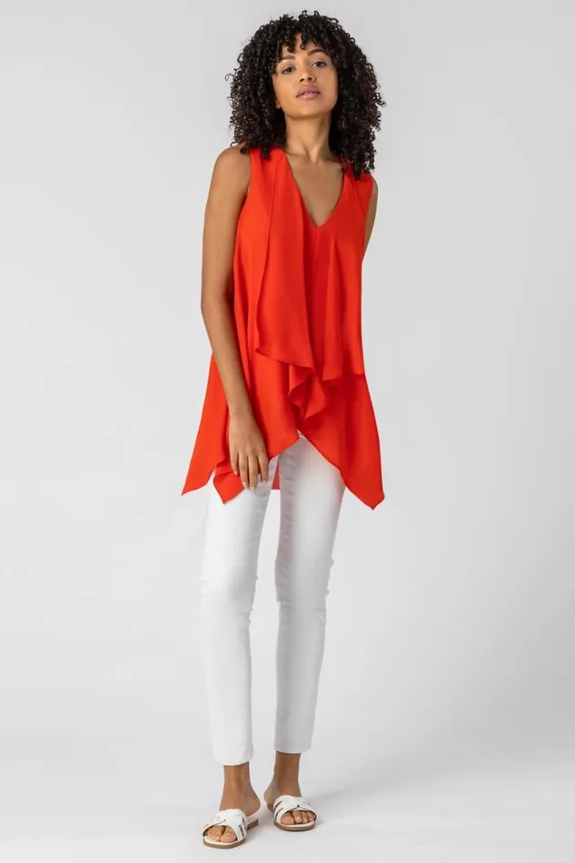 Women Red Asymmetric Hanky Hem Chiffon Tunic Top Roman Tops