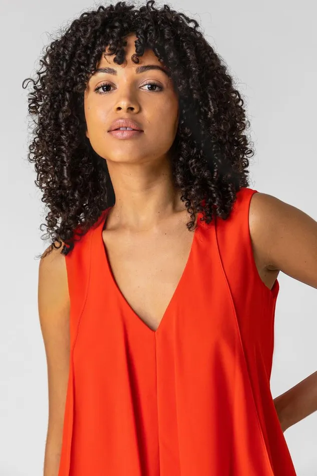 Women Red Asymmetric Hanky Hem Chiffon Tunic Top Roman Tops