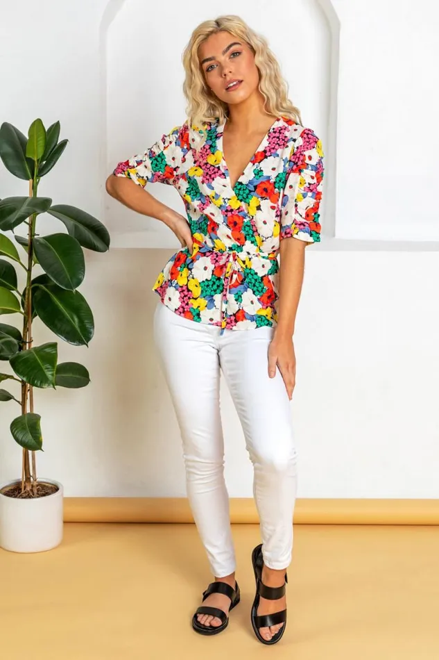 Women Red Bold Floral Wrap Top Roman Tops