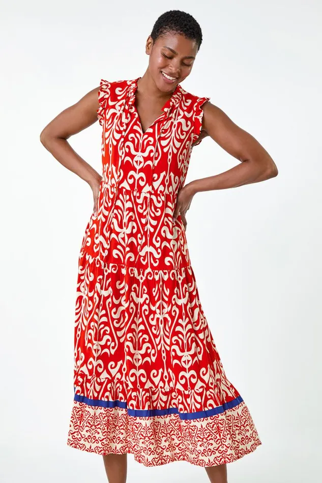 Women Red Border Print Tie Detail Tiered Dress Roman Dresses