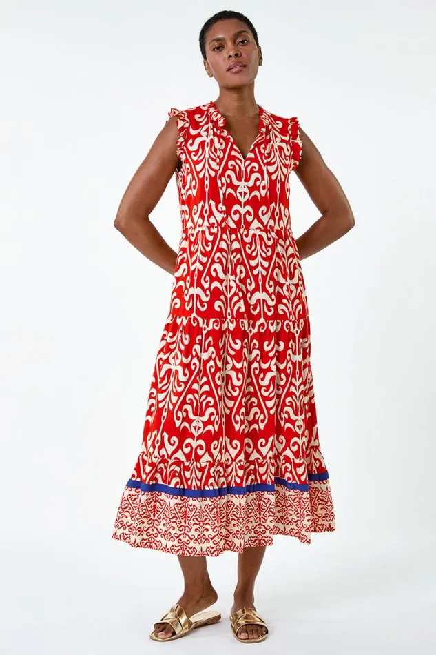 Women Red Border Print Tie Detail Tiered Dress Roman Dresses