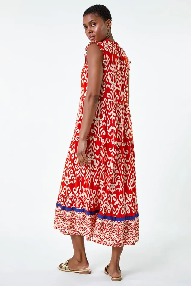 Women Red Border Print Tie Detail Tiered Dress Roman Dresses