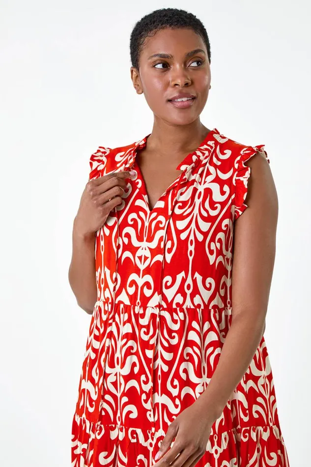 Women Red Border Print Tie Detail Tiered Dress Roman Dresses
