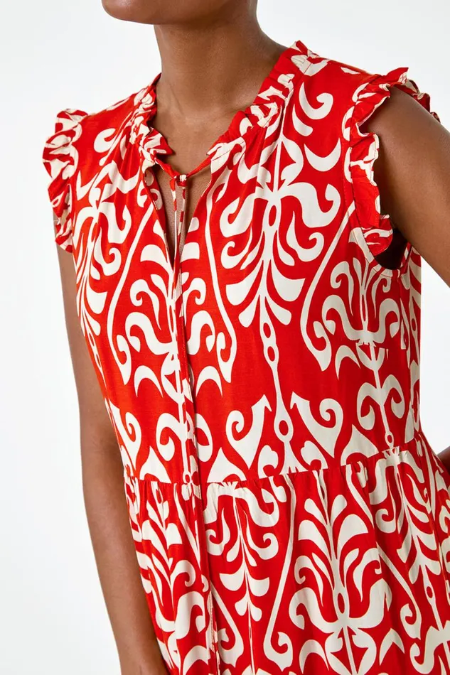 Women Red Border Print Tie Detail Tiered Dress Roman Dresses