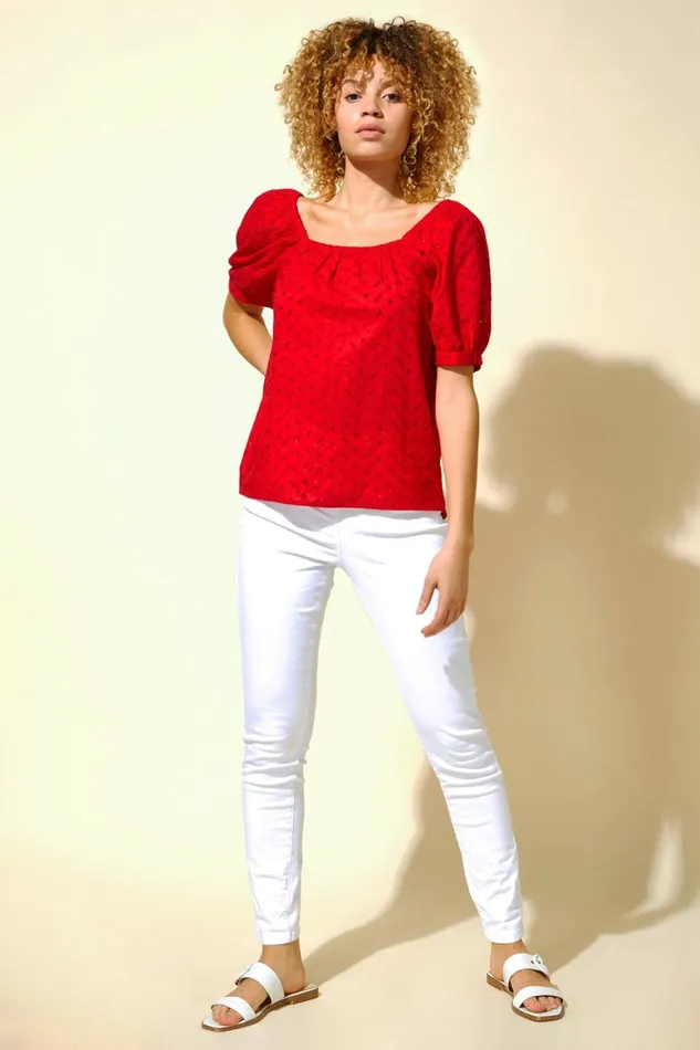 Women Red Broderie Square Neck Top Roman Tops