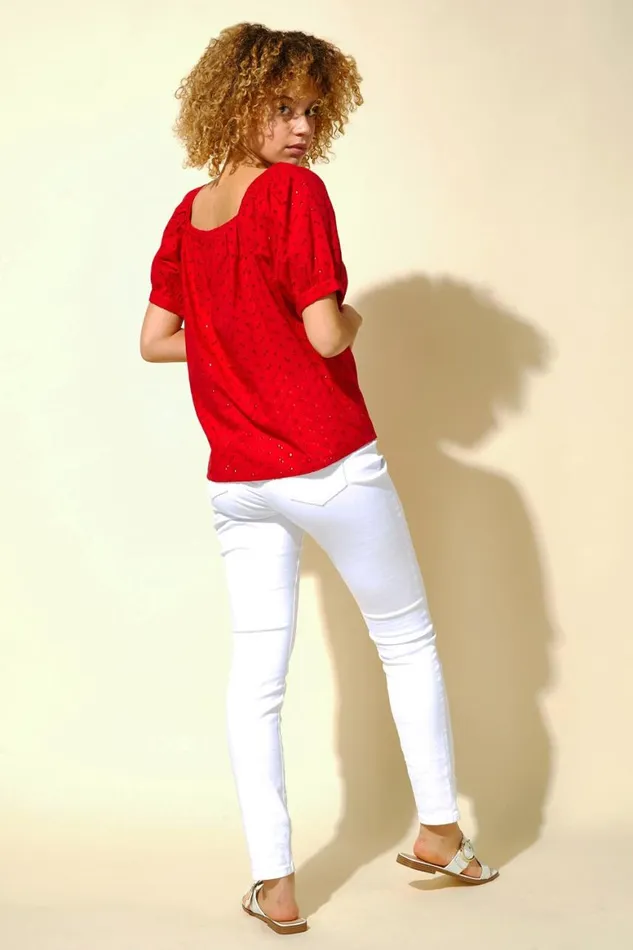 Women Red Broderie Square Neck Top Roman Tops