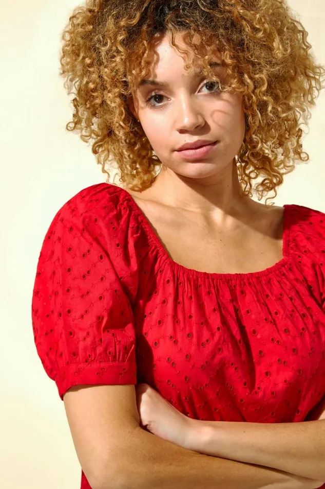 Women Red Broderie Square Neck Top Roman Tops