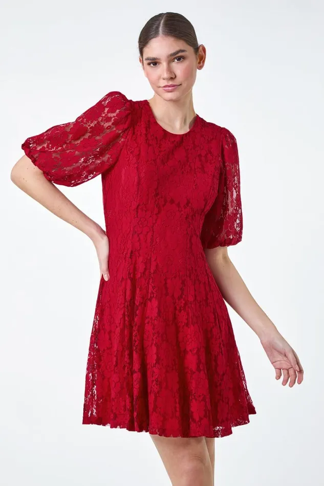 Women Red Cotton Blend Lace Bell Sleeve Dress Roman Dresses