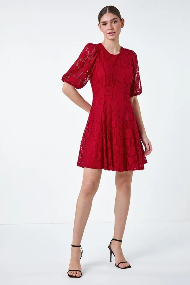 Women Red Cotton Blend Lace Bell Sleeve Dress Roman Dresses