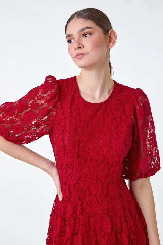 Women Red Cotton Blend Lace Bell Sleeve Dress Roman Dresses