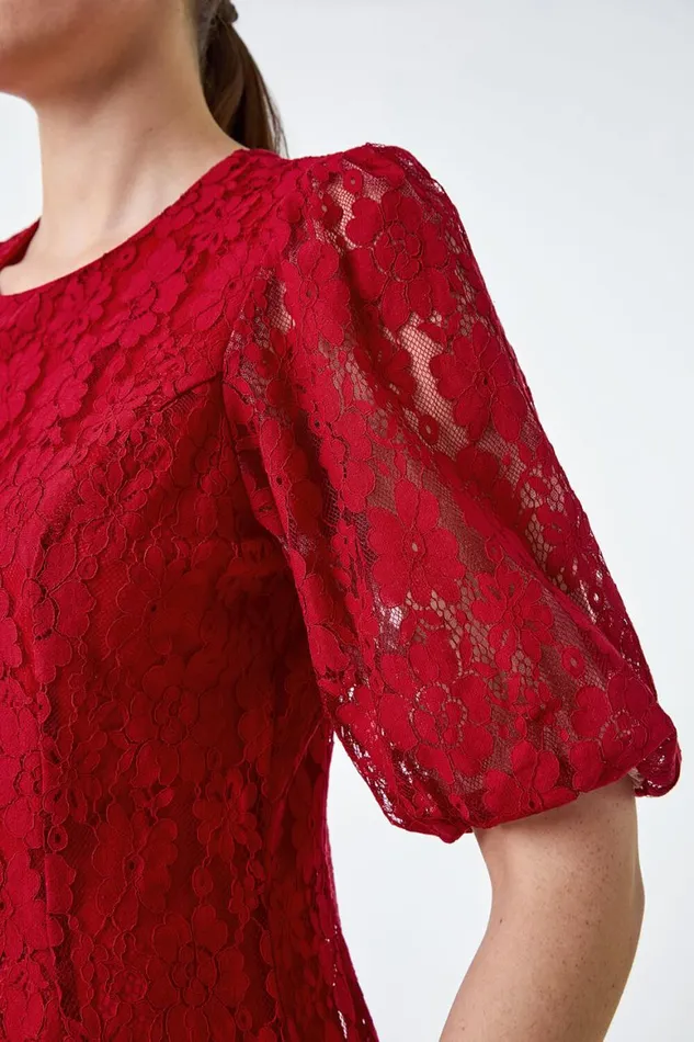 Women Red Cotton Blend Lace Bell Sleeve Dress Roman Dresses