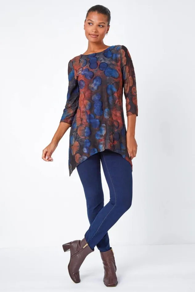 Women Red Cotton Blend Spot Print Stretch Top Roman Tops