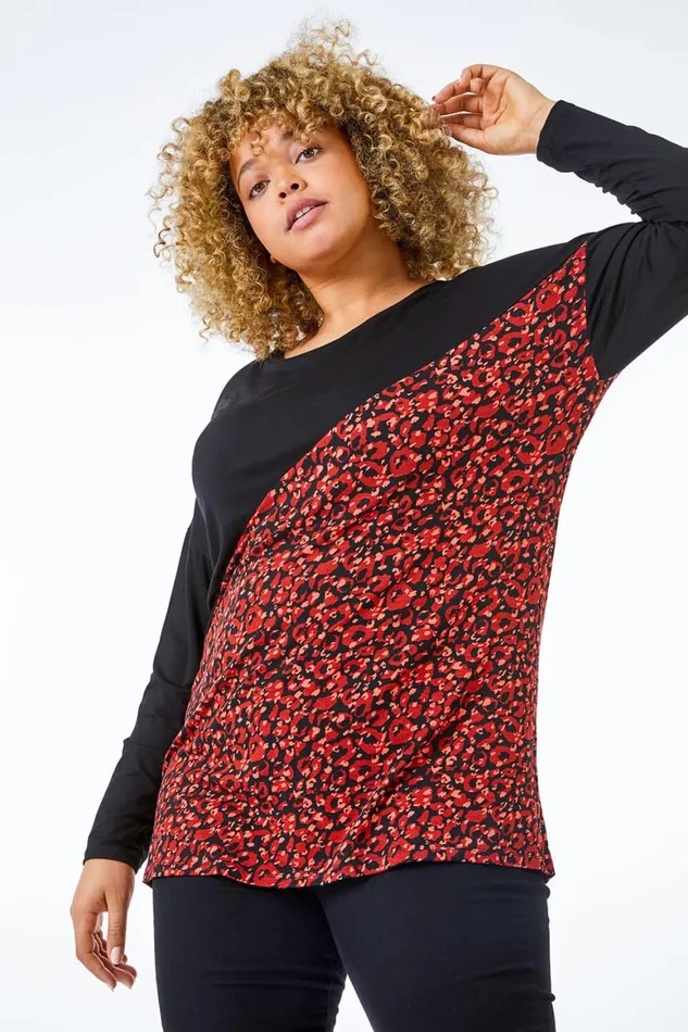 Women Red Curve Animal Print Panel Jersey Top Roman Tops