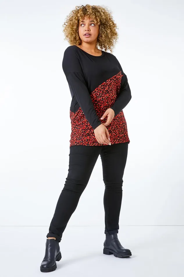 Women Red Curve Animal Print Panel Jersey Top Roman Tops