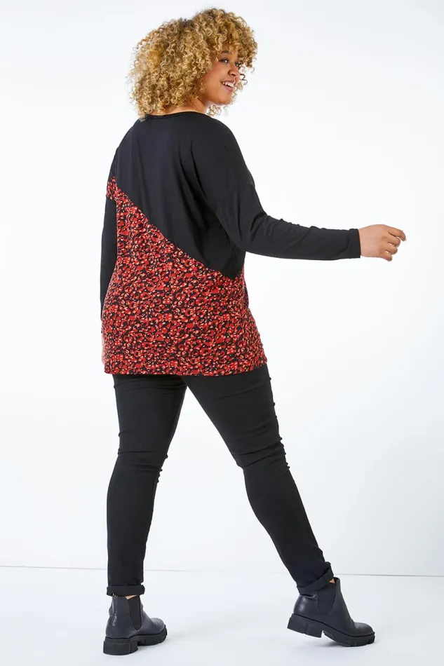 Women Red Curve Animal Print Panel Jersey Top Roman Tops