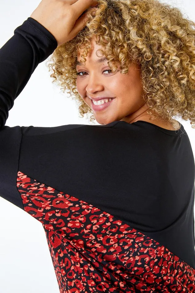 Women Red Curve Animal Print Panel Jersey Top Roman Tops