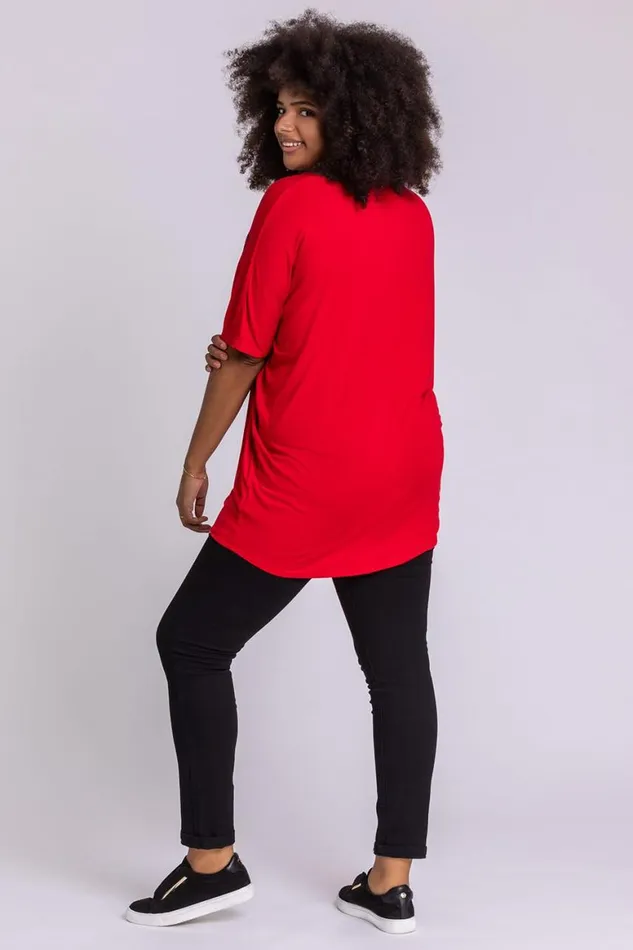 Women Red Curve Embellished Animal Print TShirt Roman Tops