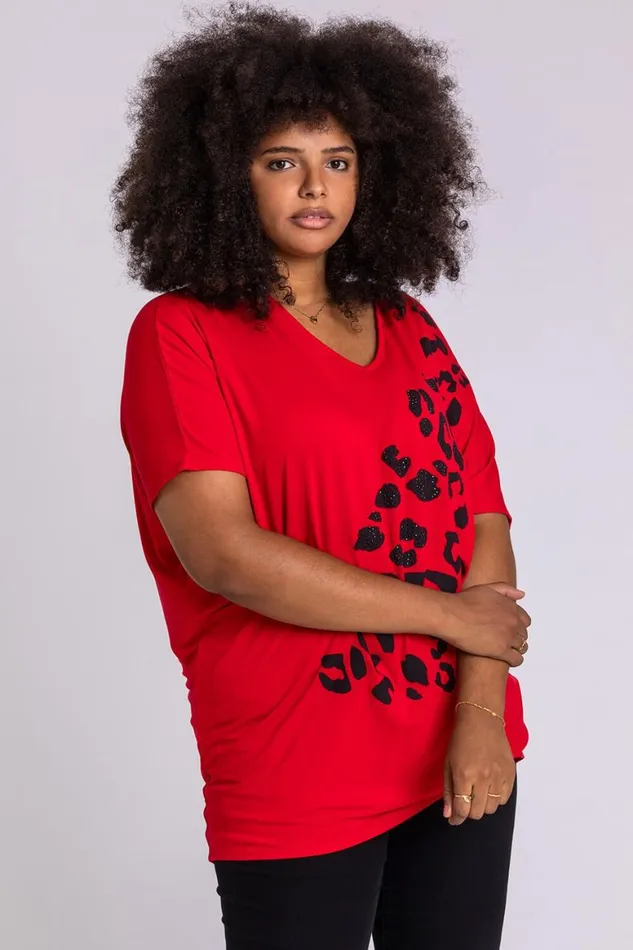 Women Red Curve Embellished Animal Print TShirt Roman Tops