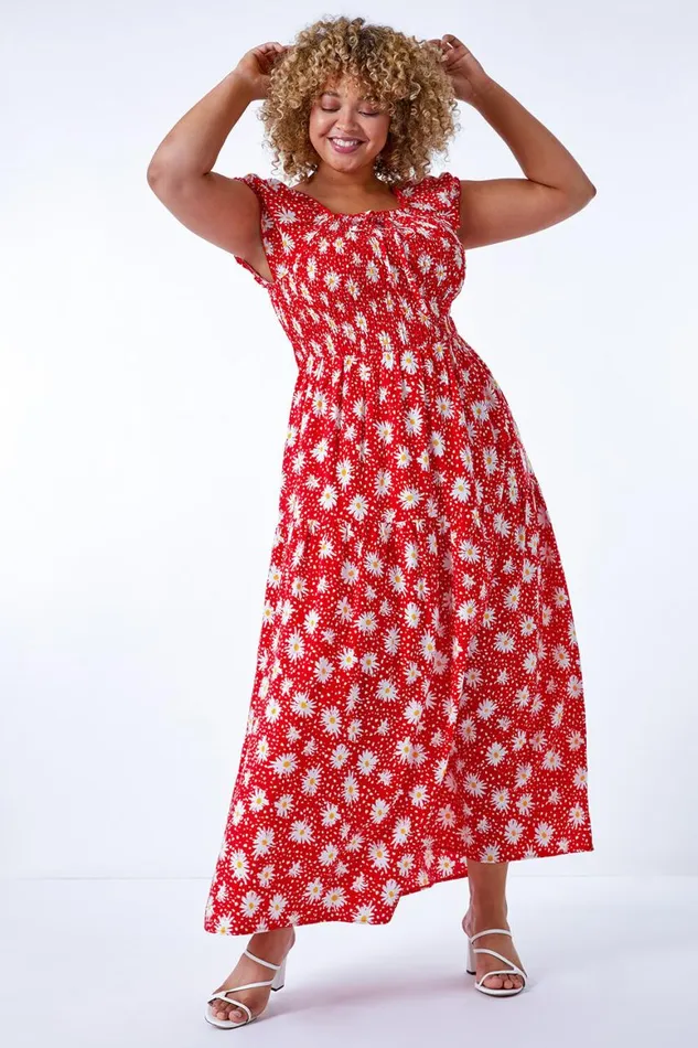 Women Red Curve Floral Shirred Bardot Dress Roman Dresses