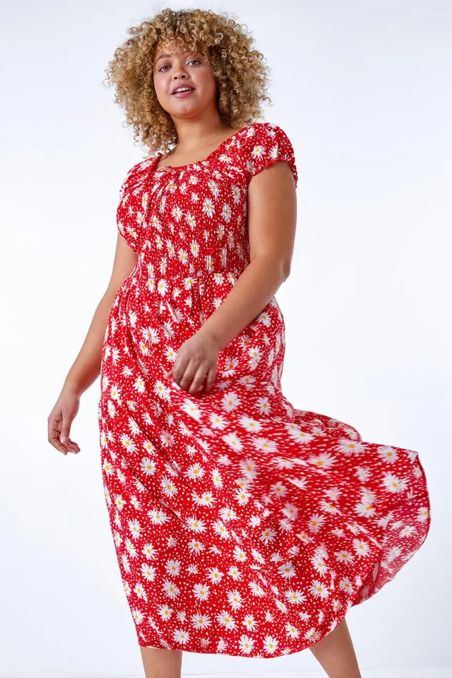 Women Red Curve Floral Shirred Bardot Dress Roman Dresses