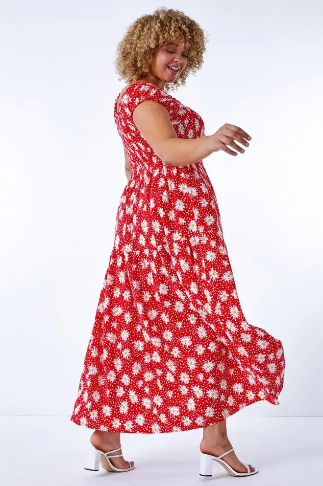 Women Red Curve Floral Shirred Bardot Dress Roman Dresses