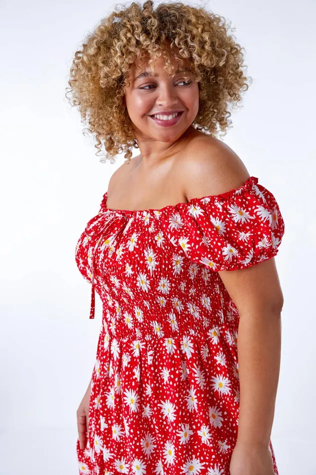 Women Red Curve Floral Shirred Bardot Dress Roman Dresses