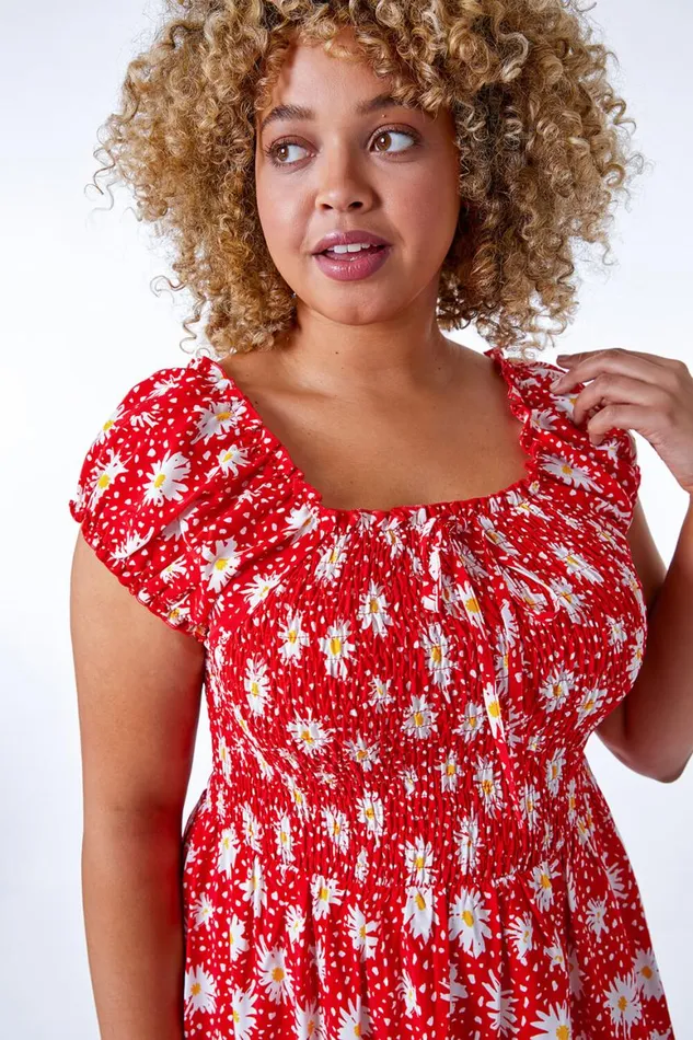 Women Red Curve Floral Shirred Bardot Dress Roman Dresses