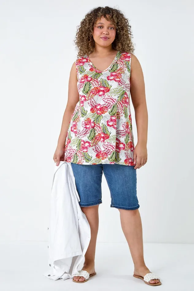 Women Red Curve Floral VNeck Stretch Vest Top Roman Tops