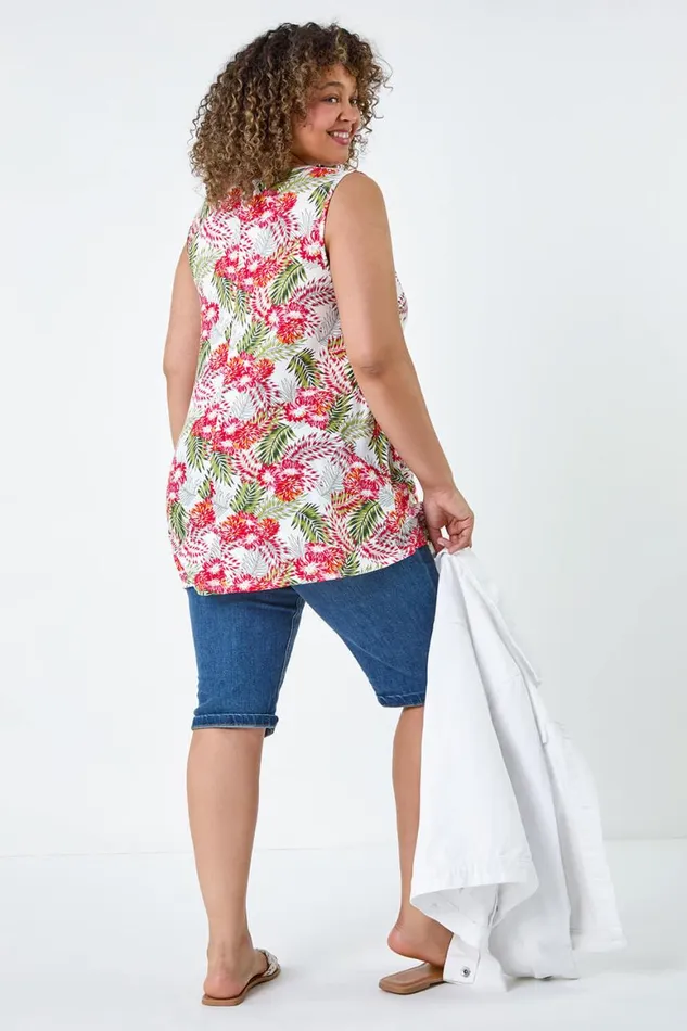 Women Red Curve Floral VNeck Stretch Vest Top Roman Tops