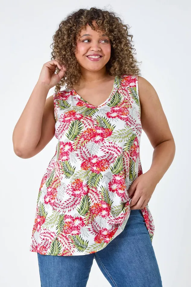 Women Red Curve Floral VNeck Stretch Vest Top Roman Tops