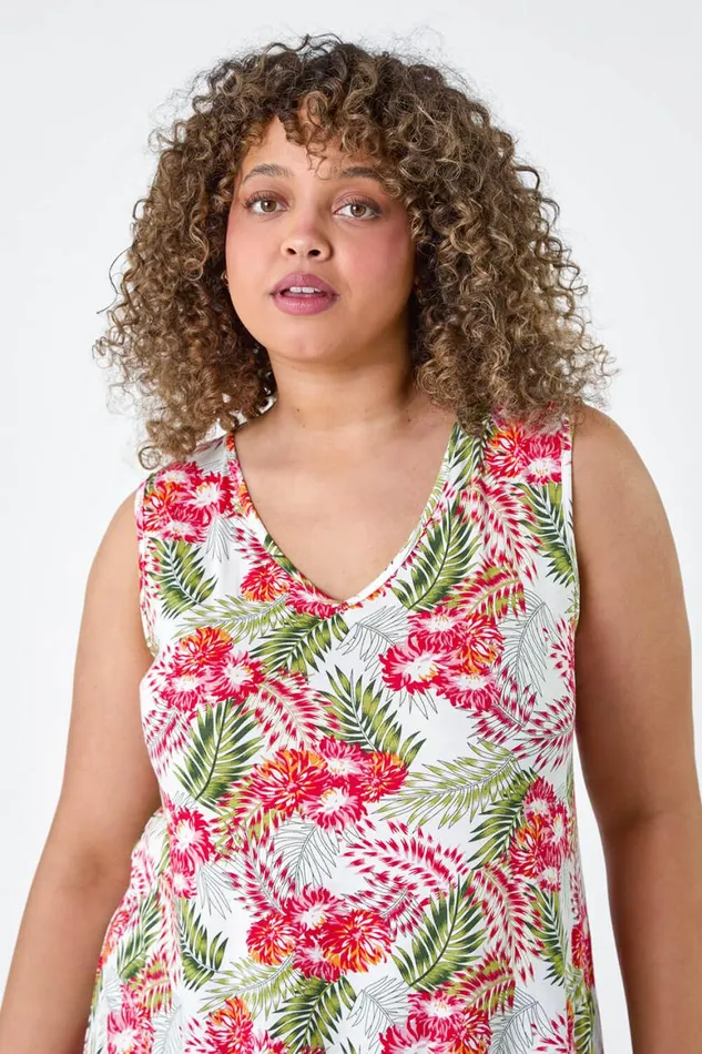 Women Red Curve Floral VNeck Stretch Vest Top Roman Tops