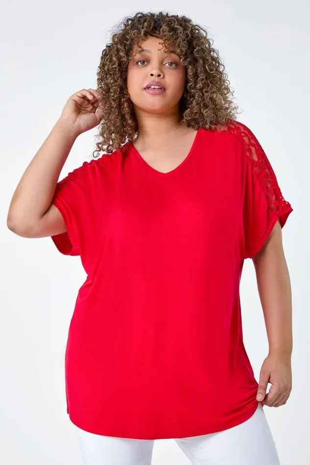 Women Red Curve Lace Shoulder Stretch Jersey TShirt Roman Tops