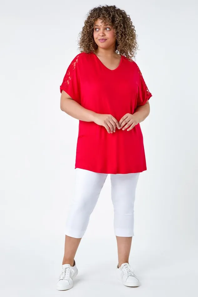 Women Red Curve Lace Shoulder Stretch Jersey TShirt Roman Tops