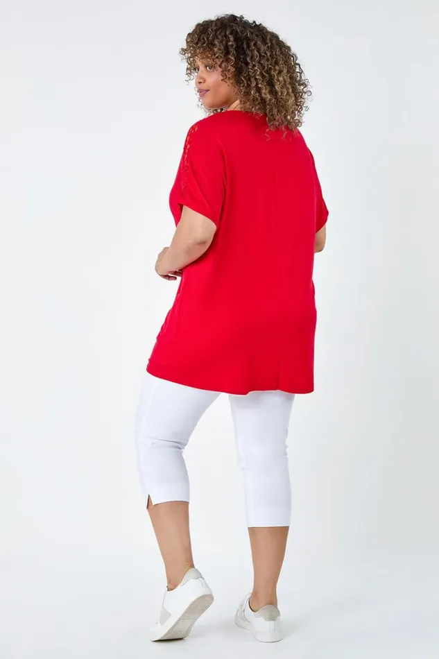 Women Red Curve Lace Shoulder Stretch Jersey TShirt Roman Tops