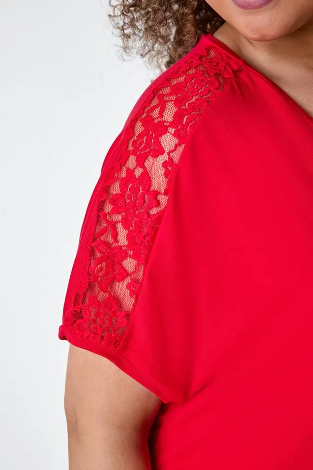 Women Red Curve Lace Shoulder Stretch Jersey TShirt Roman Tops