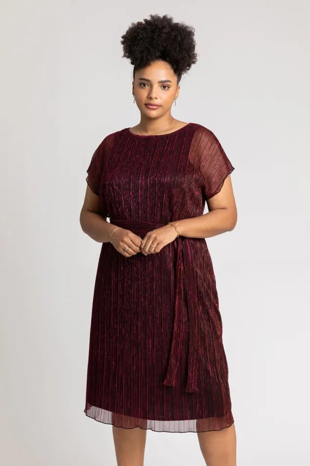 Women Red Curve Metallic Plisse Midi Dress Roman Dresses