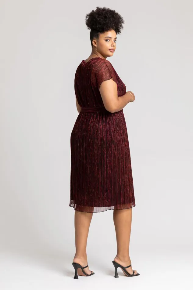 Women Red Curve Metallic Plisse Midi Dress Roman Dresses