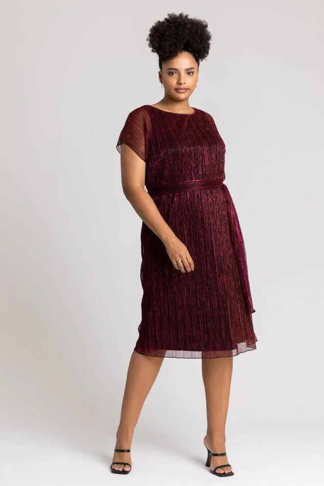 Women Red Curve Metallic Plisse Midi Dress Roman Dresses