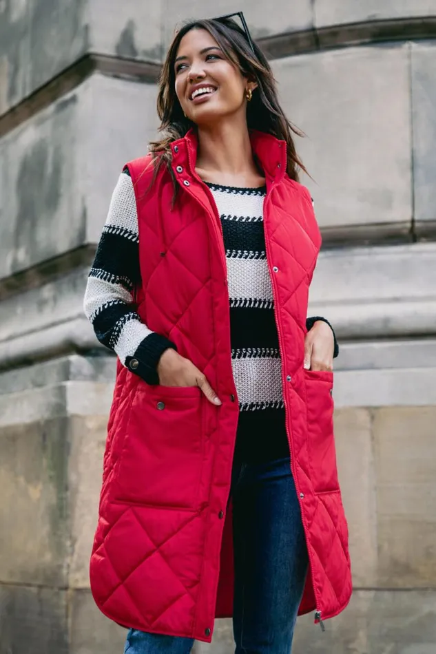 Women Red Diamond Quilted Longline Gilet Roman Coats