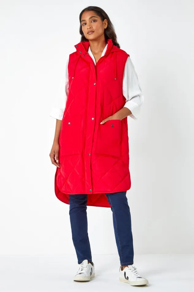 Women Red Diamond Quilted Longline Gilet Roman Coats