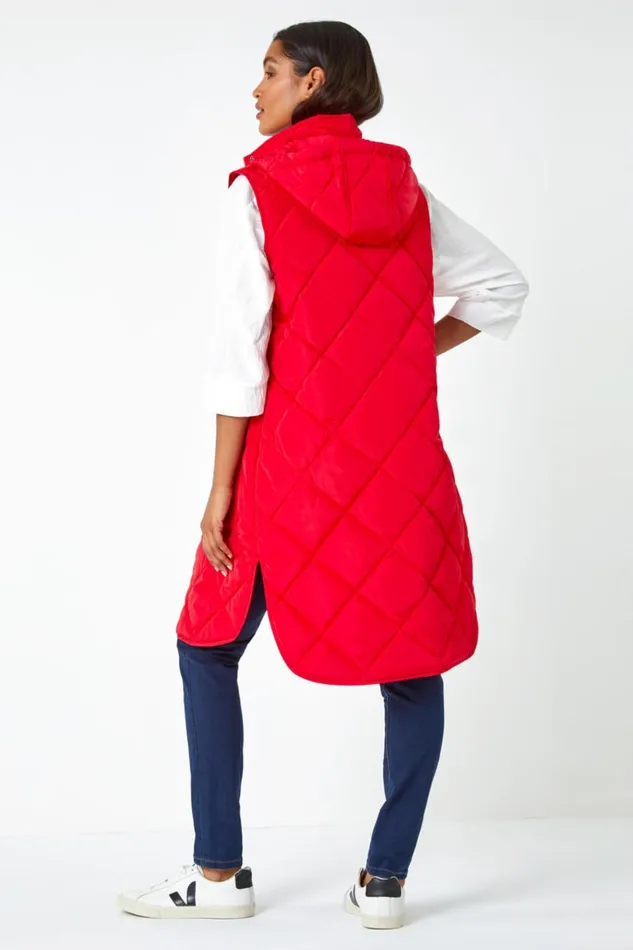 Women Red Diamond Quilted Longline Gilet Roman Coats